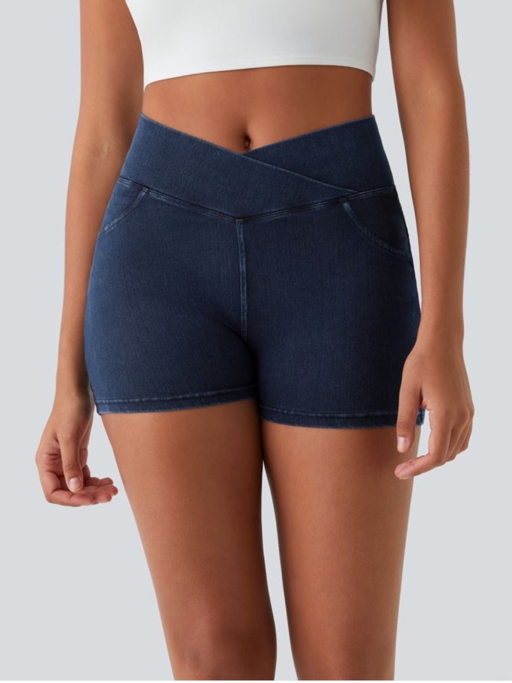 Washed Denim Navy Blue Women's High-Rise Stretch Shorts